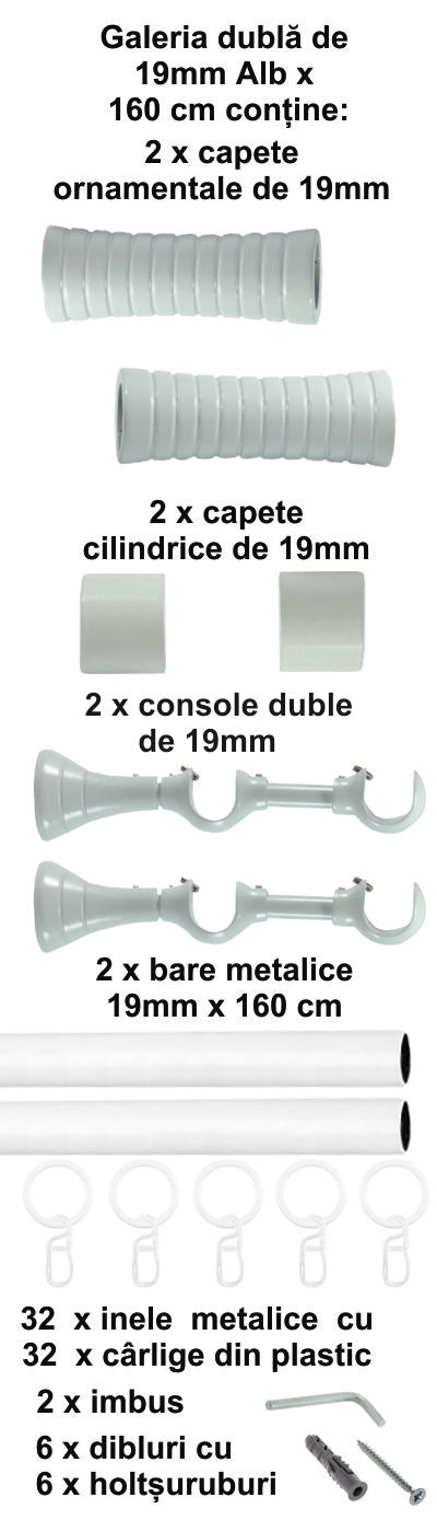 Galerie Metalică Febris, dublă, clasică, cu inele, 19mm, Alb
