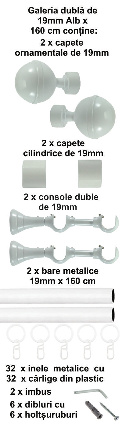 Galerie Metalică Kalisto, dublă, clasică, cu inele, 19mm, Alb
