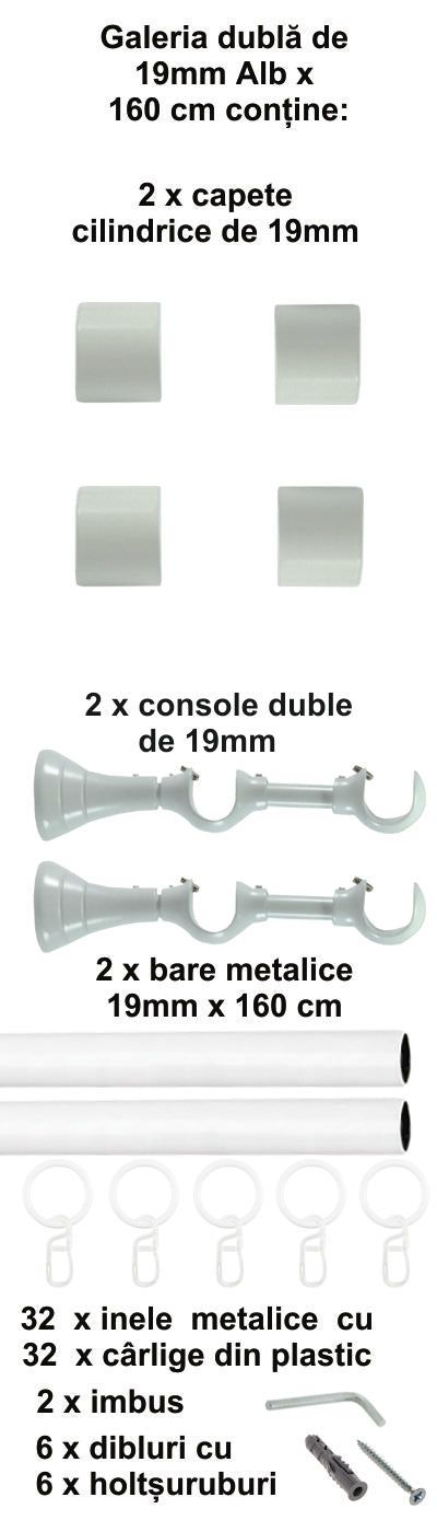 Galerie Metalică Luna, dublă, clasică, cu inele, 19mm, Alb
