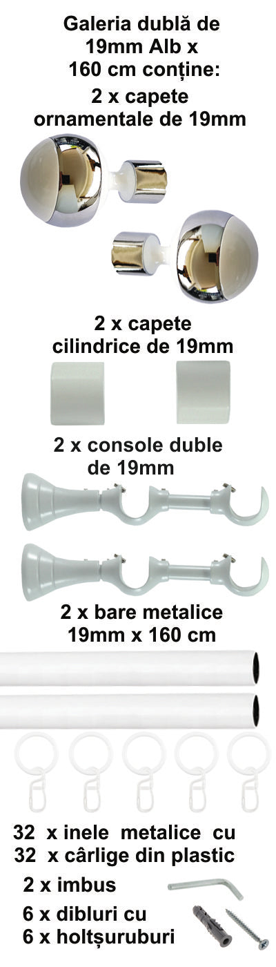 Galerie Metalică Mirror, dublă, clasică, cu inele, 19mm, Alb