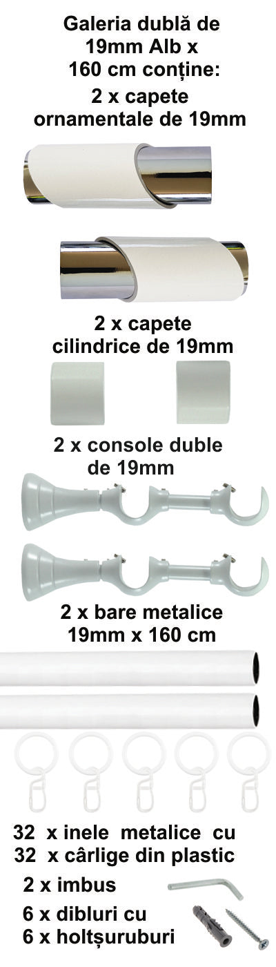 Galerie Metalică Paris, dublă, clasică, cu inele, 19mm, Alb