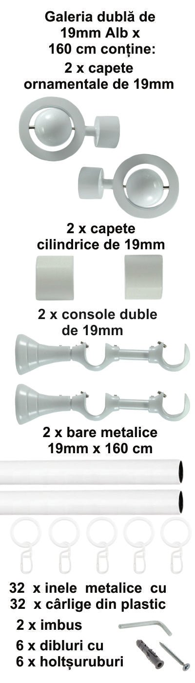 Galerie Metalică Seti, dublă, clasică, cu inele, 19mm, Alb