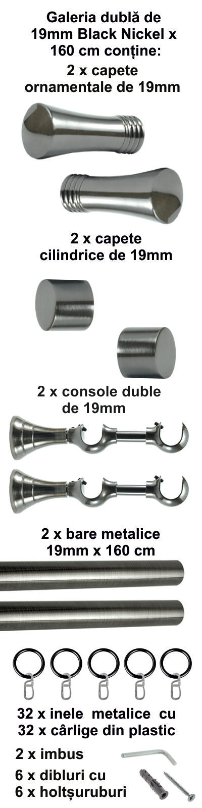 Galerie metalica Ahile dubla 19mm x 1.6m, Black Nickel