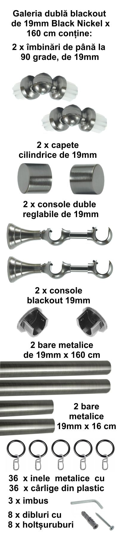 Galerie Metalică Blackout, dublă, clasică, cu inele, 19mm, Black Nickel