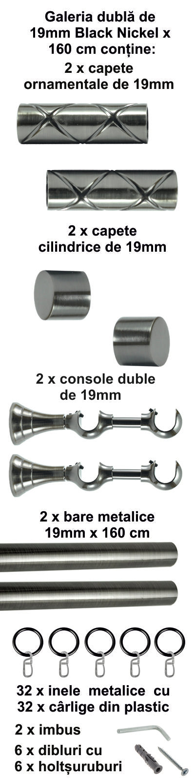 Galerie metalica Ciel dubla 19mm x 1.6m, Black Nickel