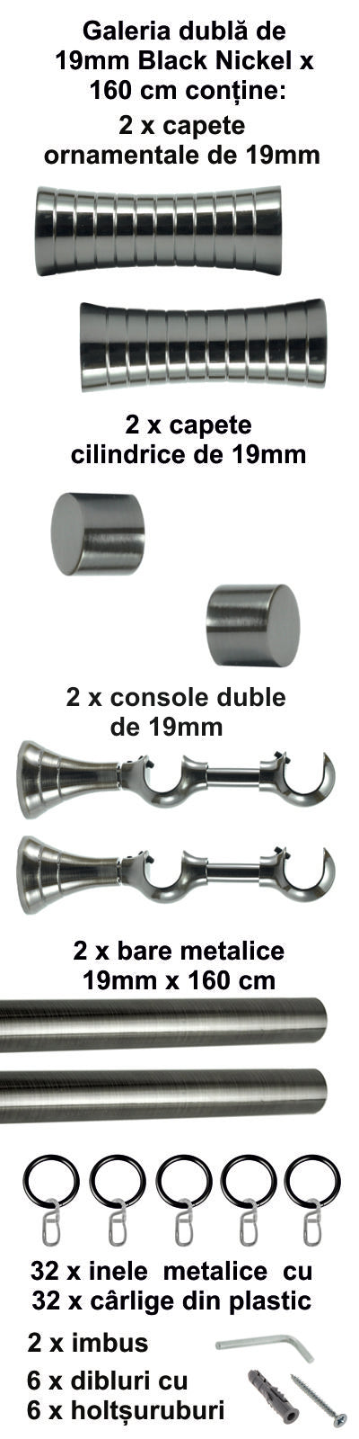 Galerie metalica Febris dubla 19mm x 1.6m, Black Nickel