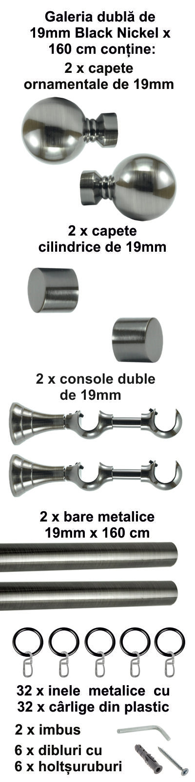 Galerie Metalică Kalisto, dublă, clasică, cu inele, 19mm, Black Nickel