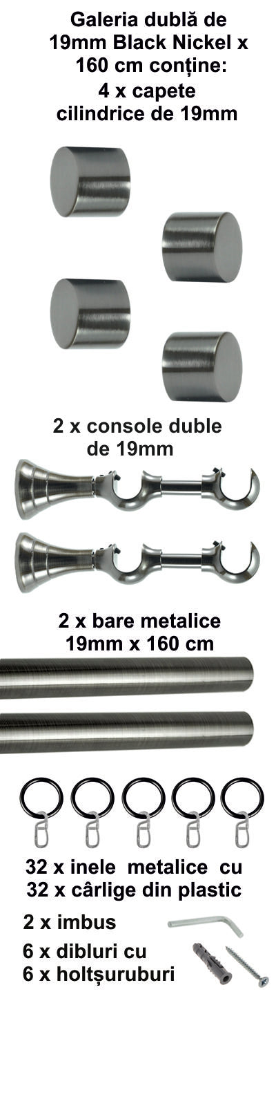 Galerie metalica Luna dubla 19mm x 1.6m, Black Nickel