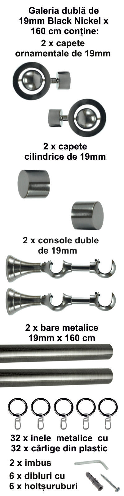 Galerie metalica Seti dubla 19mm x 1.6m, Black Nickel