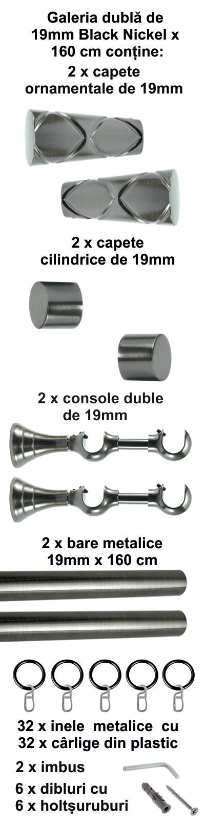 Galerie metalica Zeus dubla 19mm x 1.6m, Black Nickel