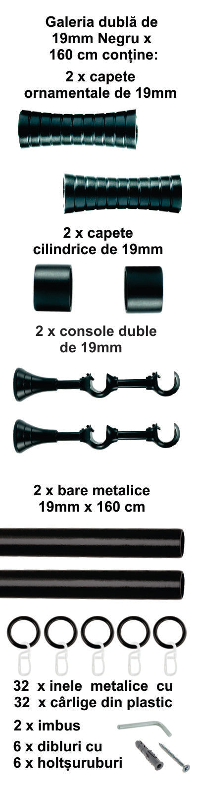 Galerie Metalică Febris, dublă, clasică, cu inele, 19mm, Negru