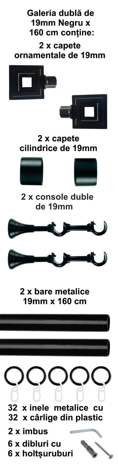 Galerie Metalică Square, dublă, clasică, cu inele, 19mm, Negru
