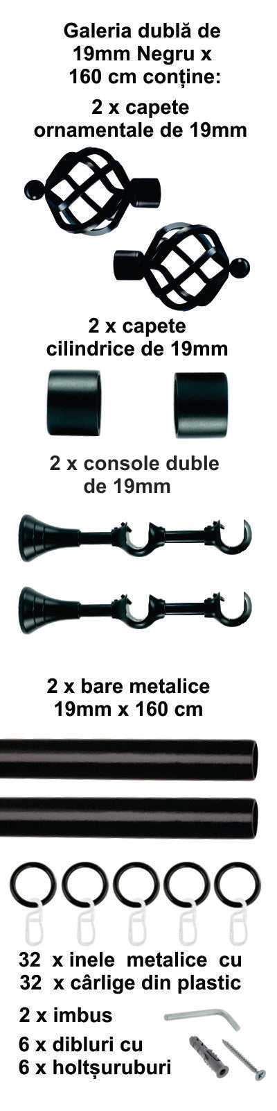 Galerie Metalică Torso, dublă, clasică, cu inele, 19mm, Negru