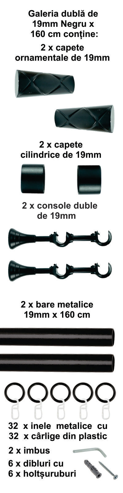 Galerie Metalică Luna, dublă, clasică, cu inele, 19mm, Negru