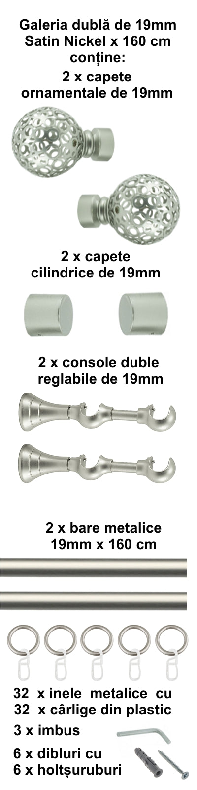 Galerie Metalică Sun, dublă, clasică, cu inele, 19mm, satin nichel (argintiu mat)