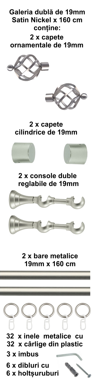 Galerie Metalică Torso, dublă, clasică, cu inele, 19mm, satin nichel (argintiu mat)