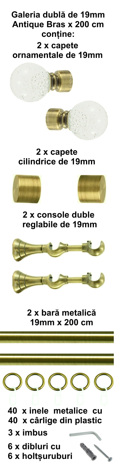 Galerie Metalică Buble, dublă, clasică, cu inele, 19mm, antique brass (auriu antic)