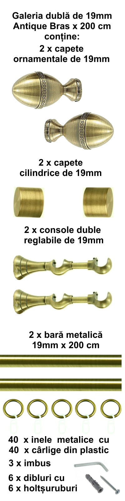 Galerie Metalică Cezar, dublă, clasică, cu inele, 19mm, antique brass (auriu antic)