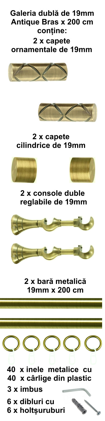 Galerie Metalică Ciel, dublă, clasică, cu inele, 19mm, antique brass (auriu antic)