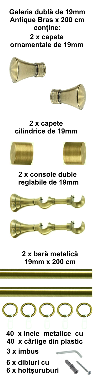Galerie Metalică Conic, dublă, clasică, cu inele, 19mm, antique brass (auriu antic)