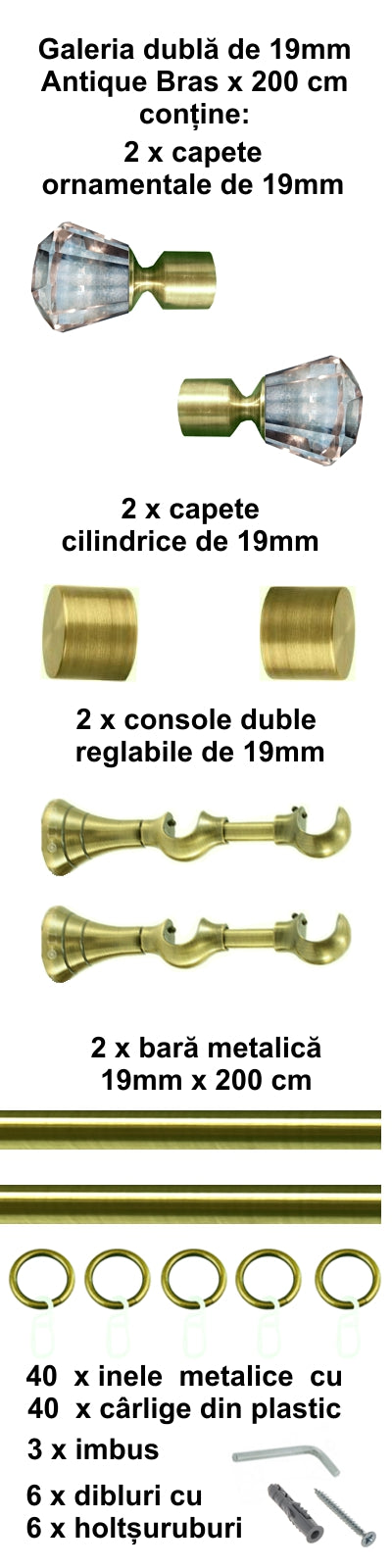 Galerie Metalică Cristal, dublă, clasică, cu inele, 19mm, antique brass (auriu antic)