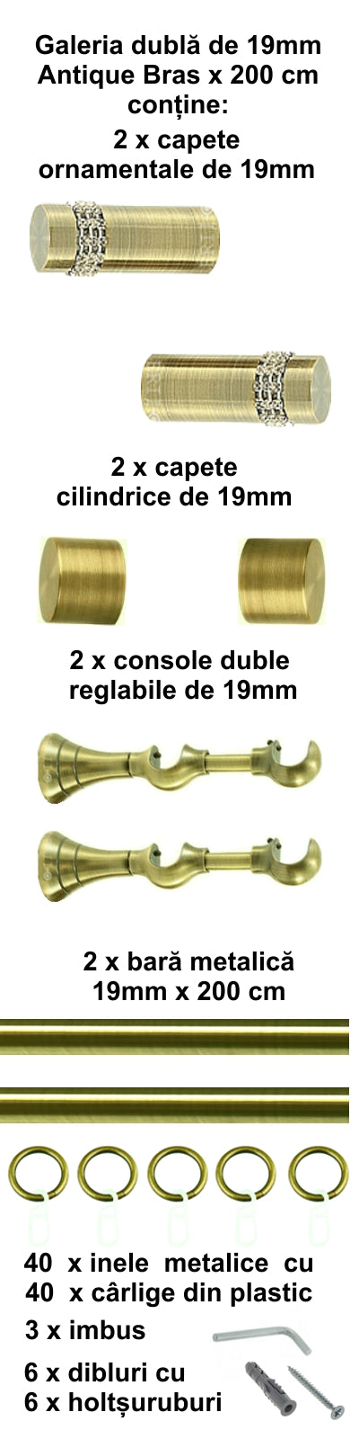 Galerie Metalică Dios, dublă, clasică, cu inele, 19mm, antique brass (auriu antic)