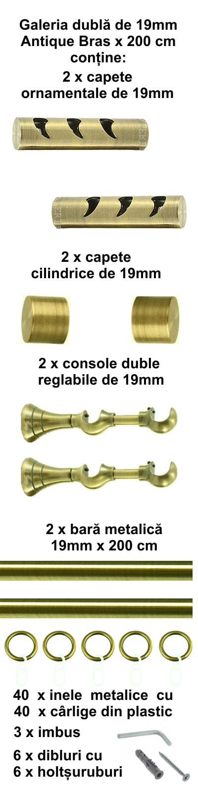 Galerie Metalică Drop, dublă, clasică, cu inele, 19mm, antique brass (auriu antic)