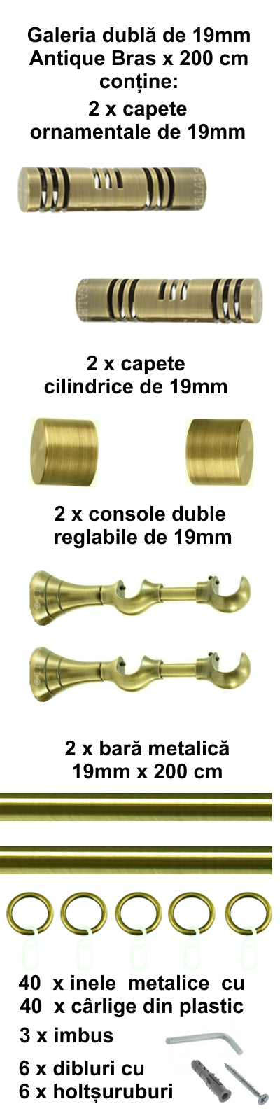 Galerie Metalică Elis, dublă, clasică, cu inele, 19mm, antique brass (auriu antic)