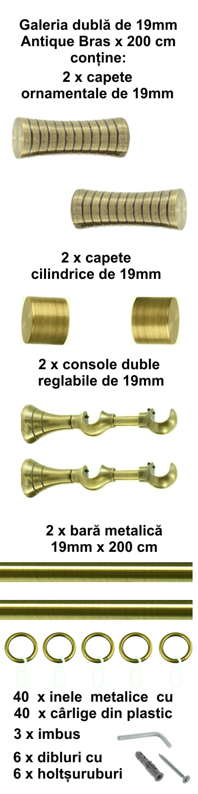 Galerie Metalică Febris, dublă, clasică, cu inele, 19mm, antique brass (auriu antic)