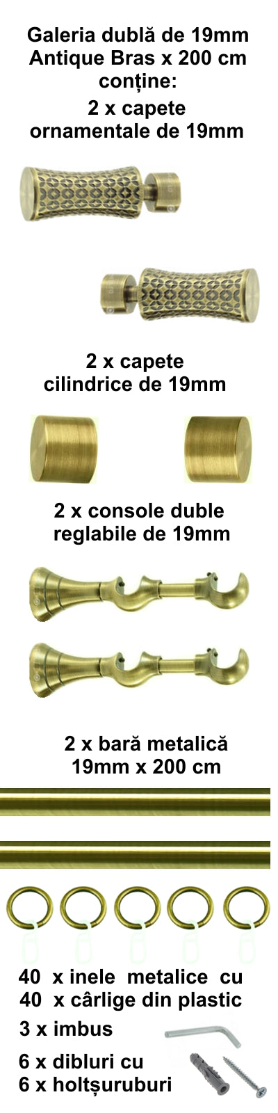 Galerie Metalică Jaris, dublă, clasică, cu inele, 19mm, antique brass (auriu antic)