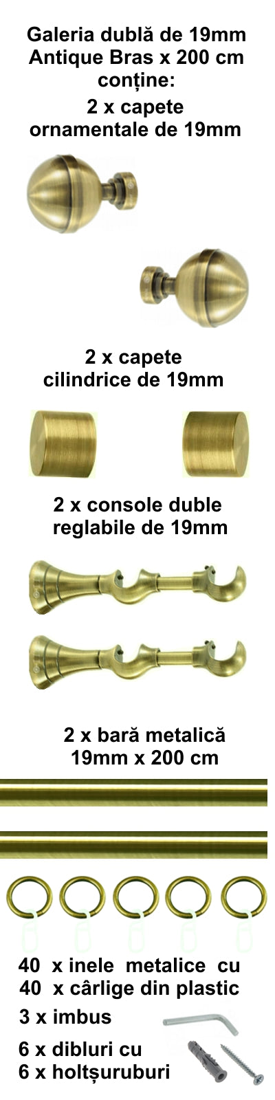 Galerie Metalică Kalisto, dublă, clasică, cu inele, 19mm, antique brass (auriu antic)