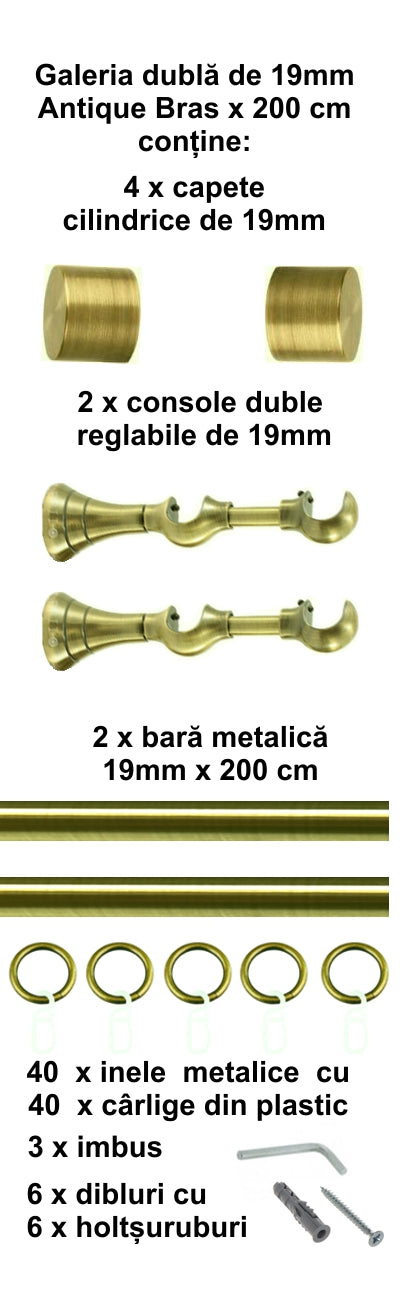 Galerie Metalică Luna, dublă, clasică, cu inele, 19mm, antique brass (auriu antic)