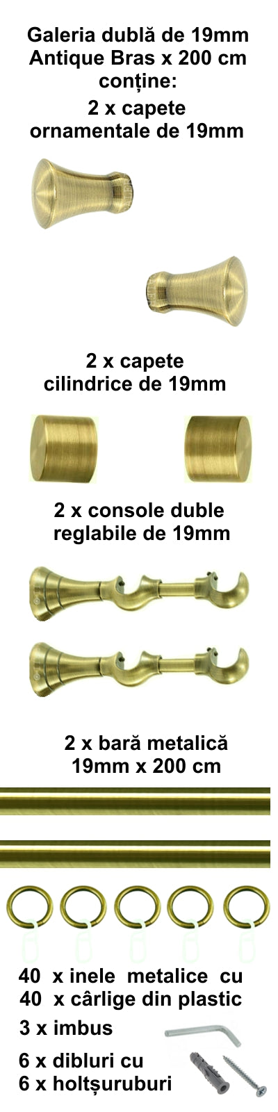 Galerie Metalică Monaco, dublă, clasică, cu inele, 19mm, antique brass (auriu antic)