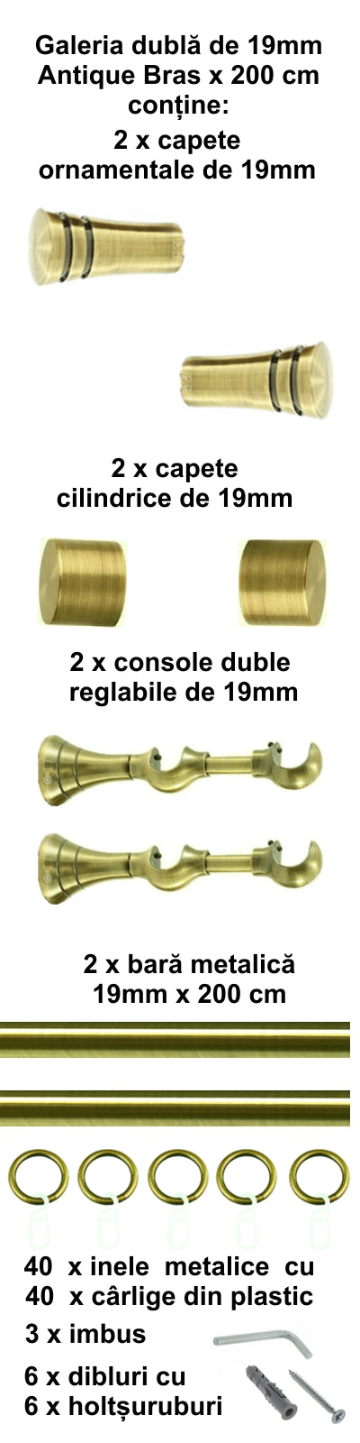 Galerie Metalică Paola, dublă, clasică, cu inele, 19mm, antique brass (auriu antic)