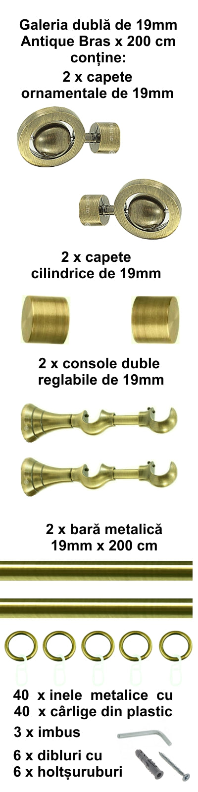 Galerie Metalică Seti, dublă, clasică, cu inele, 19mm, antique brass (auriu antic)