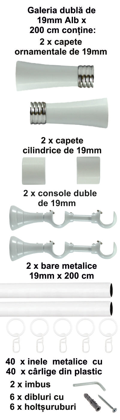Galerie Metalică Ahile, dublă, clasică, cu inele, 19mm, Alb