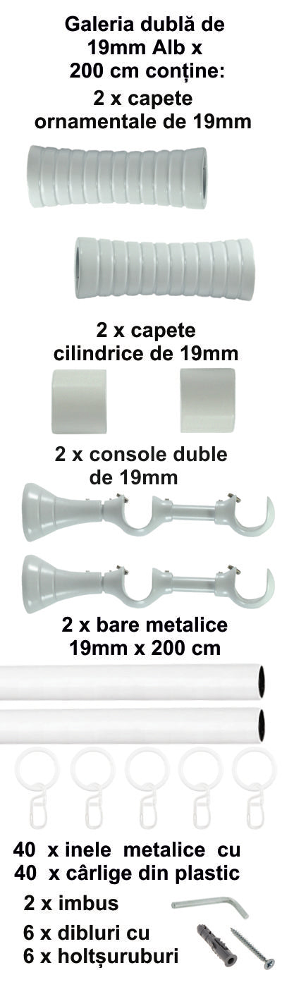 Galerie Metalică Febris, dublă, clasică, cu inele, 19mm, Alb