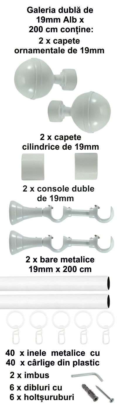 Galerie Metalică Kalisto, dublă, clasică, cu inele, 19mm, Alb
