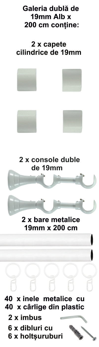 Galerie Metalică Luna, dublă, clasică, cu inele, 19mm, Alb