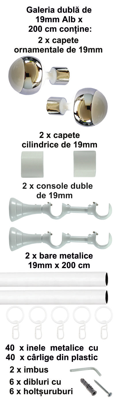 Galerie Metalică Mirror, dublă, clasică, cu inele, 19mm, Alb