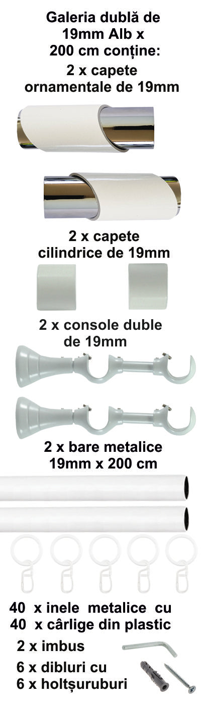 Galerie Metalică Paris, dublă, clasică, cu inele, 19mm, Alb