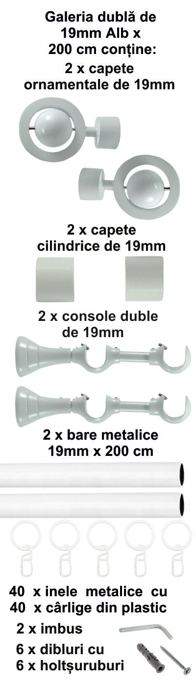 Galerie Metalică Seti, dublă, clasică, cu inele, 19mm, Alb