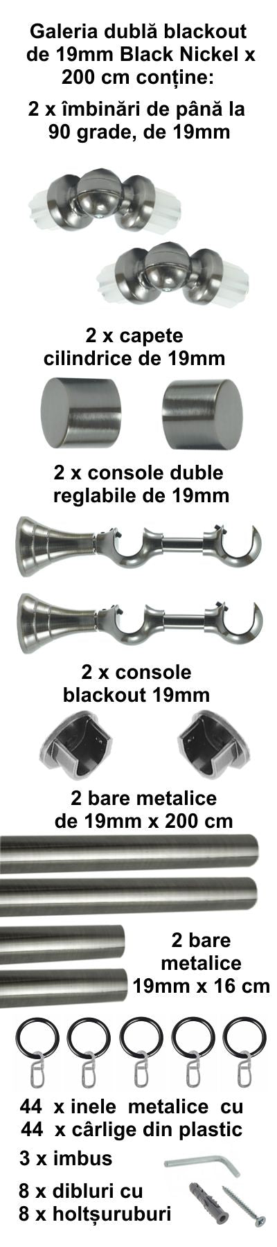 Galerie Metalică Blackout, dublă, clasică, cu inele, 19mm, Black Nickel