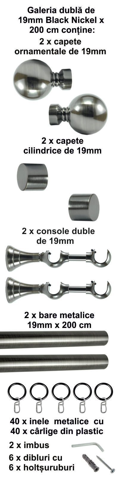 Galerie Metalică Kalisto, dublă, clasică, cu inele, 19mm, Black Nickel