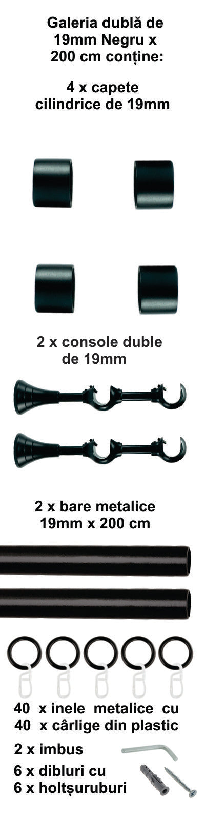 Galerie Metalică Luna, dublă, clasică, cu inele, 19mm, Negru