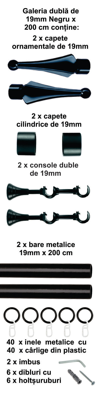 Galerie Metalică Robin, dublă, clasică, cu inele, 19mm, Negru