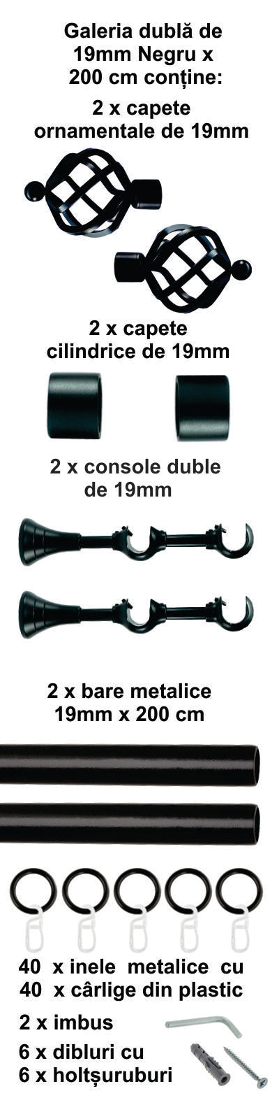 Galerie Metalică Torso, dublă, clasică, cu inele, 19mm, Negru