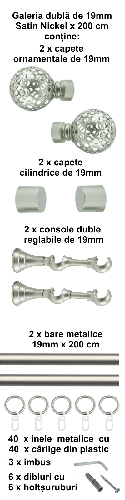 Galerie Metalică Sun, dublă, clasică, cu inele, 19mm, satin nichel (argintiu mat)