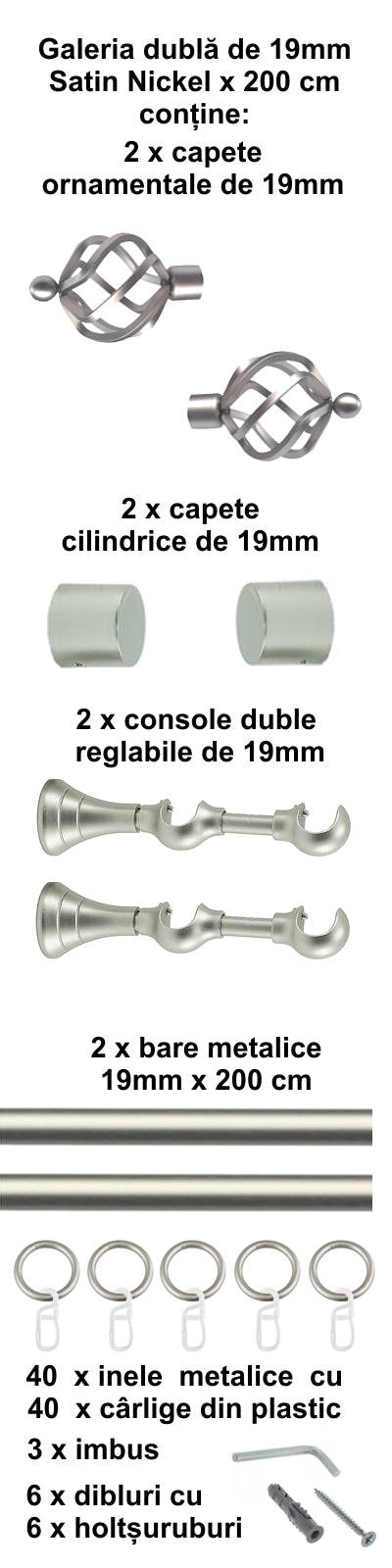 Galerie Metalică Torso, dublă, clasică, cu inele, 19mm, satin nichel (argintiu mat)