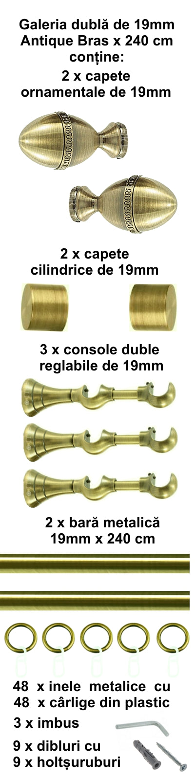 Galerie Metalică Cezar, dublă, clasică, cu inele, 19mm, antique brass (auriu antic)